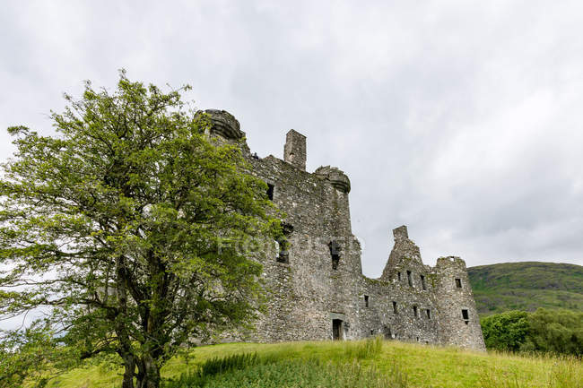 Reino Unido, Escocia, Argyll and Bute, Dalmally, Loch Awe, Kilchurn Castle on green hill - foto de stock