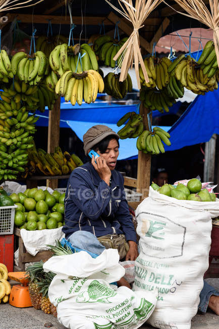 Vendedor de frutas hembra en el mercado callejero en Tomok, Kabots Samosir, Samosir, Sumatera Utara, Indonesia - foto de stock