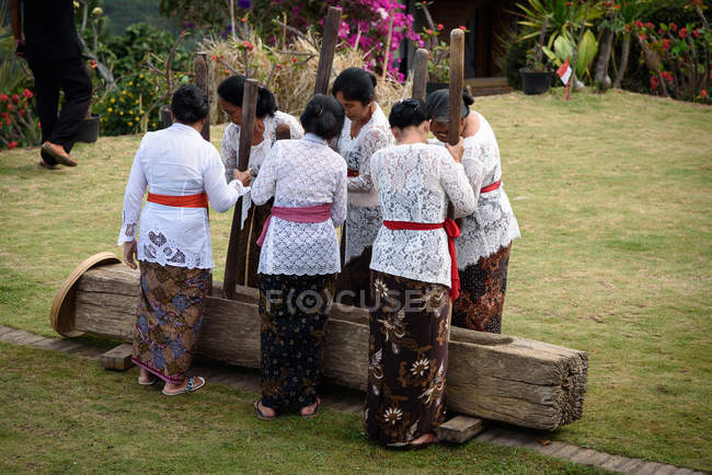 Кабул Buleleng, Балі, Індонезія - 17 серпня 2015: Жінки в традиційних зносу на рис боротьба конкуренції — стокове фото