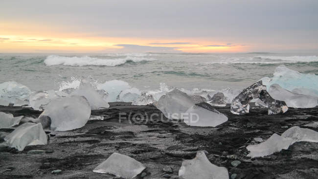 Icebreaks na superfície da praia de areia preta da Islândia sob a luz do nascer do sol — Fotografia de Stock