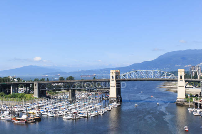 Canada, British Columbia, Vancouver, Private marina in Vancouver by the bridge, aerial view — Stock Photo