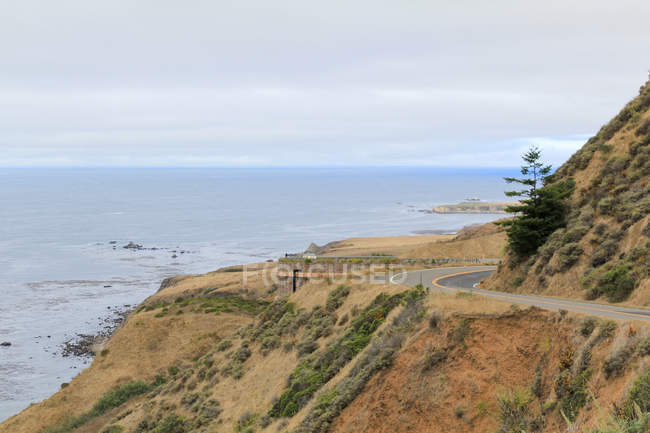 США, Калифорния, Форт-Брэгг, Пейзаж на берегу моря с видом на шоссе 101 в мрачную погоду — стоковое фото