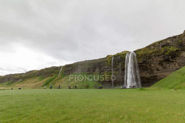 Islandia, Paisaje natural escénico con la cascada de Svartifoss abd prado verde - foto de stock