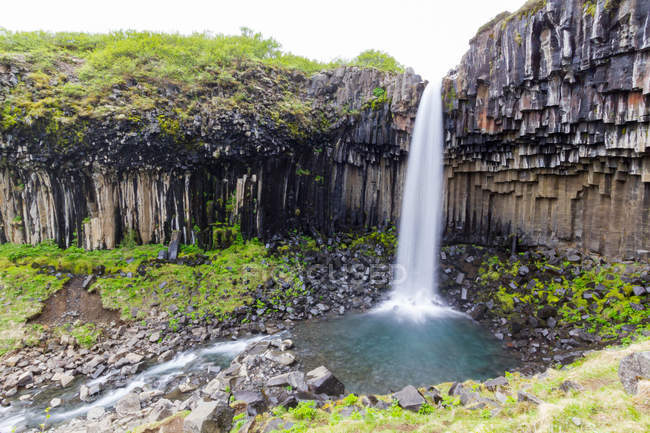 Long plan d'exposition de la cascade de Svartifoss, Islande — Photo de stock