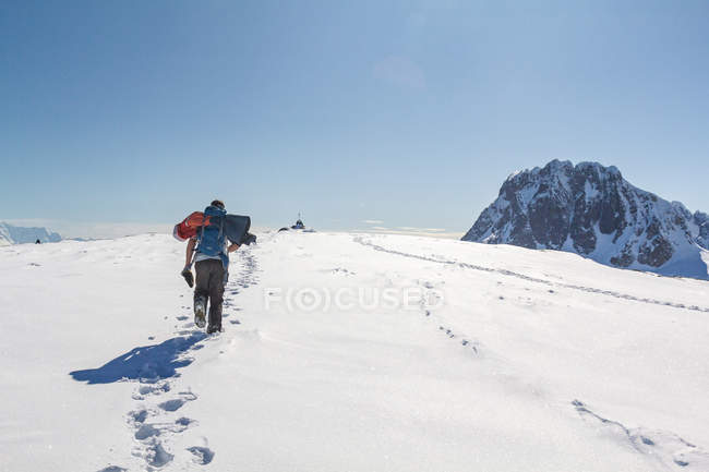 Антарктида, вид сзади на человека, идущего в снегоступах вдоль горной тропы — стоковое фото