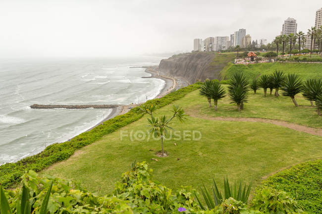 Perù, Provincia de Lima, Miraflores, spiaggia verde con paesaggio urbano di Lima sullo sfondo nella nebbia — Foto stock