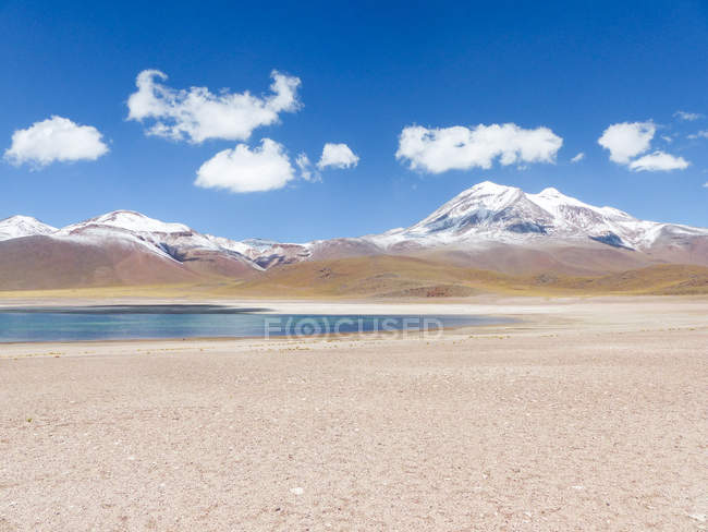 Чили, Region de Antofagasta, El Loa, Laguna Miniques, panorama with snowy summit and lake — стоковое фото
