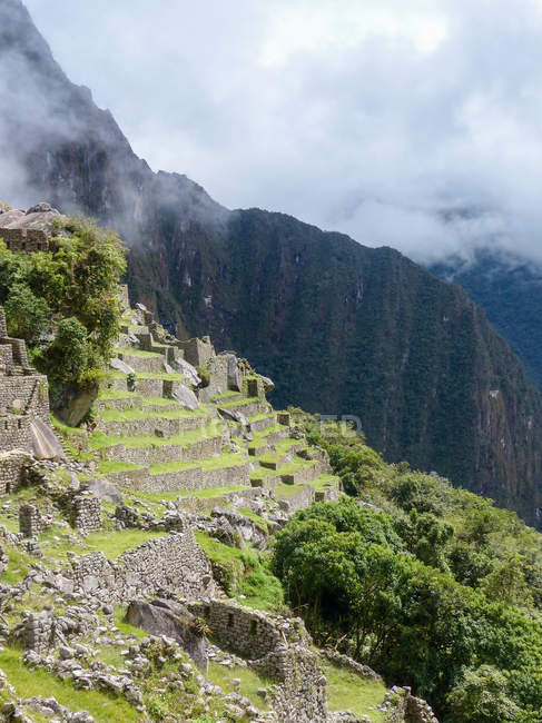 Perú, Qosqo, Killapampa pruwinsya, Vista panorámica de Macchu Pichu en la niebla - foto de stock