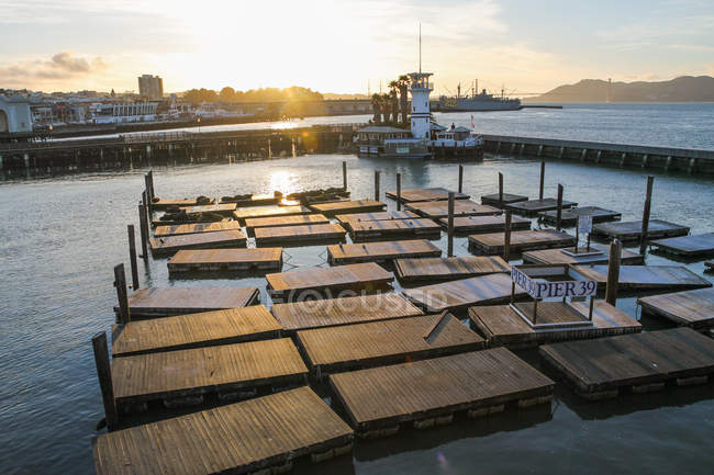 USA, California, San Francisco, Pier 39 fa parte del Fisherman's Wharf nel nord di San Francisco, vista al tramonto — Foto stock