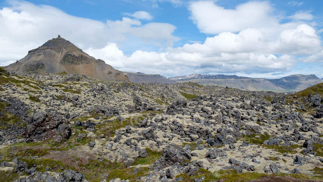 Costa di basalto frastagliata sotto il cielo blu nuvoloso, Islanda — Foto stock