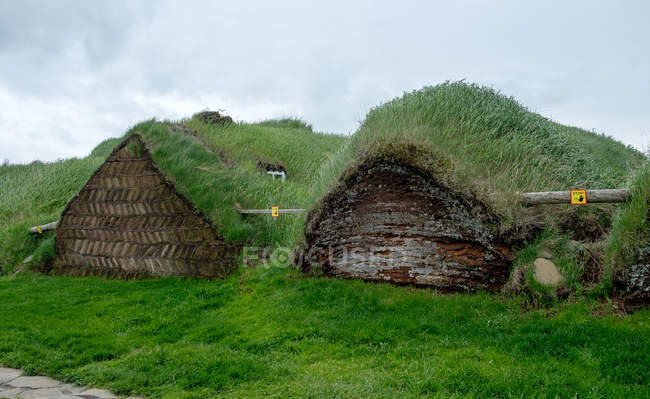 Autênticas casas de turfa com grama verde exuberante, Islândia — Fotografia de Stock