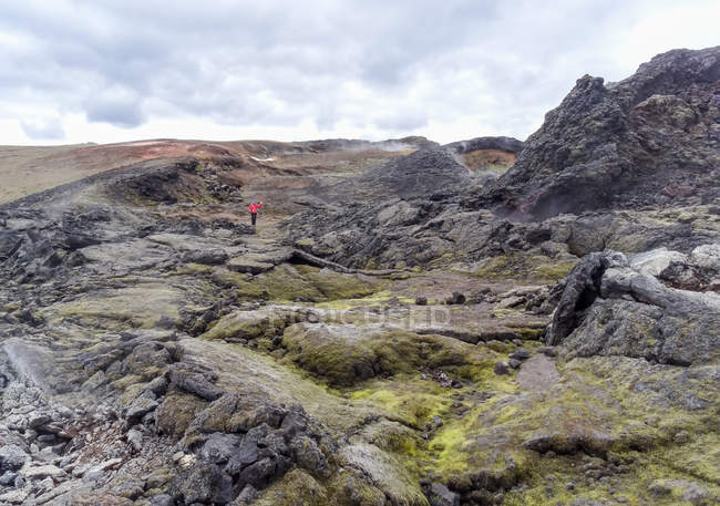 Escursionismo turistico lontano attraverso il campo di lava, Islanda, Skutustaahreppur, Leirhnjukur — Foto stock
