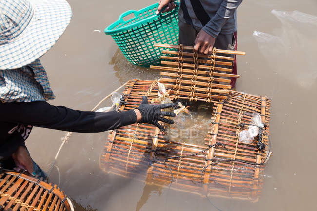 Camboya, Kep, pescadores vendiendo cangrejos en el mercado - foto de stock