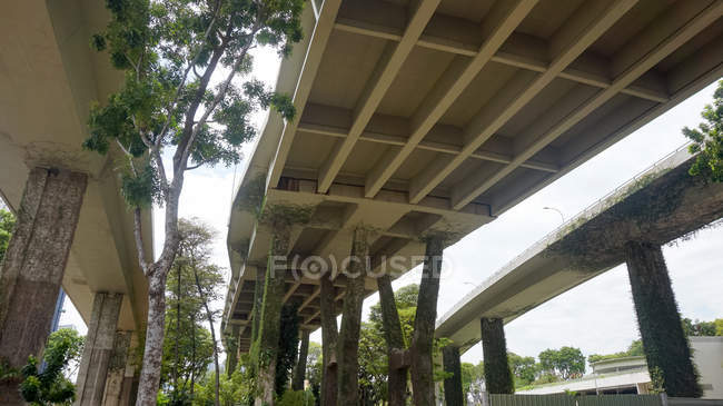 Сингапур, Сингапур, Улицы мостов Сингапура рядом с Сингапуром флаер, вид снизу — стоковое фото
