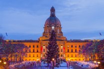 Edificio de la Legislatura de Alberta con exhibición de árboles de Navidad y luces, Edmonton, Alberta, Canadá - foto de stock