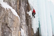 Un jeune homme grimpe un mélange de glace et de roche alors qu'il grimpe sur la glace dans le parc national Banff près de Banff, Alberta, Canada. — Photo de stock