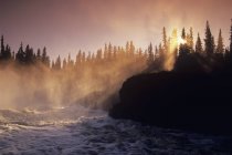Foggy morning over stormy Grass river in Manitoba, Canada. — Stock Photo