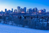 Casas y parque en el horizonte de la ciudad en invierno al atardecer, Edmonton, Alberta, Canadá - foto de stock