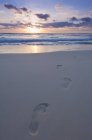 Fußabdrücke im Sand des Tulum-Strandes bei Sonnenuntergang, quintana roo, Mexiko — Stockfoto
