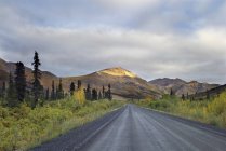 Деревенская дорога Демпстерского шоссе, горы Огилви, Территория Юкон, Канада — стоковое фото