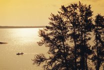 Силуэты людей, путешествующих на каноэ через озеро Уайтшелл, Уайтшелл Провинциальный парк, Манитоба, Канада — стоковое фото