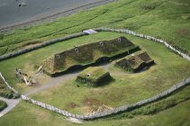 Aerial view of Lanse aux meadows historic viking settlement, Newfoundland, Canada. — Stock Photo