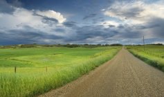 Landstraße mit Feld und Zaun mit Gewitterwolken bei Cochrane, Alberta, Kanada — Stockfoto