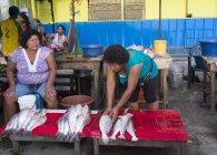 Mujeres en puesto de pescado en escena de mercado de Iquitos en Perú - foto de stock