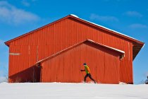Mann Langlauf vorbei an alten Scheunen, Sherbrooke, Quebec, Kanada — Stockfoto