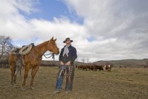 Cowboy with horse watching herd of cows during calving season on ranch near Merritt, British Columbia, Canada — Stock Photo