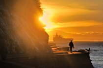 Siluetas de persona paseando por el malecón de Stanley Park al atardecer, Vancouver, Columbia Británica, Canadá - foto de stock