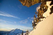 Male backcountry skier dropping cliff at Sol Mountain, Monashee Backcountry, Revelstoke, Canada — Stock Photo