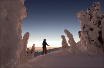 Un esquiador entre los fantasmas de nieve crea un hermoso entorno antes del amanecer en la cima del Sun Peaks Resort, región de Thompson Okangan, Columbia Británica, Canadá - foto de stock