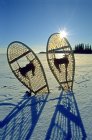 Snowshoes sticking from snow on frozen northern lake in Canada. — Stock Photo