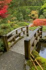 Pequeño puente sobre el arroyo en el jardín japonés otoñal, Butchart Gardens, Brentwood Bay, Columbia Británica, Canadá - foto de stock