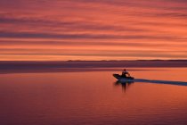 Uomo in barca al tramonto sul fiume Saguenay, Baie-Sainte-Catherine, Charlevoix, Quebec, Canada — Foto stock