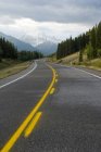 Carretera con bosque y montañas a través del país Kananaskis, Alberta, Canadá . - foto de stock