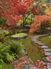 Fogliame autunnale e percorso attraverso il torrente nel giardino giapponese, Butchart Gardens, Brentwood Bay, Columbia Britannica, Canada — Foto stock