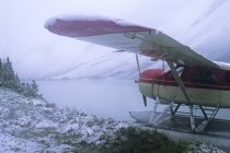 Float plane stranding in snow storm, Lorna Lake, Big Creek Provincial Park, British Columbia, Canadá — Fotografia de Stock