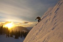 Male backcountry skier riding at sunrise, Sol Mountain, Monashee Backcountry, Revelstoke, Canada — Stock Photo
