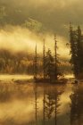 Nisgaa Memorial Lava Bed Provincial Park, Lava Lake in autumn mist, Nass River Valley, British Columbia, Canada. — Stock Photo