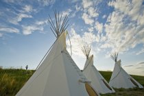 Традиционные белые типи на курорте Осинг на окраине Национального парка Граслендс, Валь-Мари, Очеван, Канада — стоковое фото