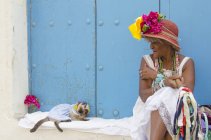 Donna matura e gatto siamese, Plaza des Armas, Habana Vieja, L'Avana, Cuba — Foto stock