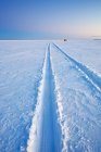 Транспортные следы, ведущие к рыбацкой хижине на замерзшем озере Виннипег по городу Гимли, Манитоба, Канада . — стоковое фото