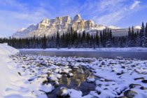 Castle Mountain and Bow River na temporada de inverno em Banff National Park, Alberta, Canadá — Fotografia de Stock