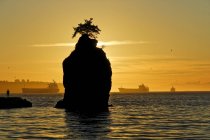 Siwash Rock and Stanley Park seawall with ships at sunset, Vancouver, Britsih Columbia, Canada — Stock Photo