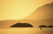 Kayaker remando al atardecer, Pacific Rim, Clayoquot Sound, Vancouver Island, Columbia Británica, Canadá . - foto de stock