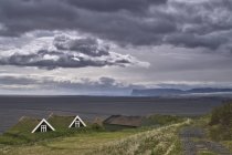 Casas rurales con glaciar Vatnajkull en el fondo, Parque Nacional Vatnajkull, Islandia - foto de stock
