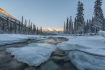 Sonnenstrahlen auf dem grauen Grat als Wheaton River, der in Richtung bennett Lake fließt, Yukon. — Stockfoto