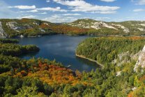 Autumnal foliage of forest by lake in Kilarney provincial Park, Ontario, Canada — Stock Photo